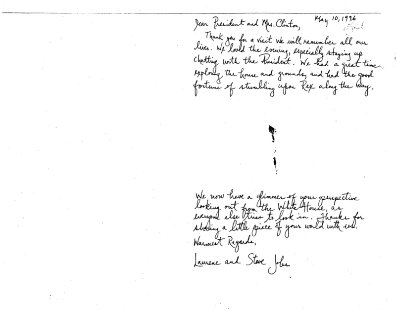 A handwritten letter from Laurene Powell and Steve Jobs to President Bill Clinton and Hillary Clinton (Clinton Presidential Library)